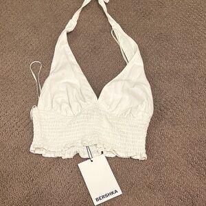 Bershka Cream Smocked Halter Top